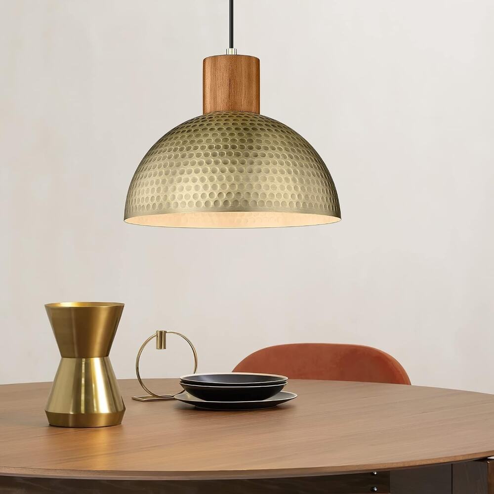 12" Brushed Brass & Wood Industrial Pendant Light - Picture 3 of 3